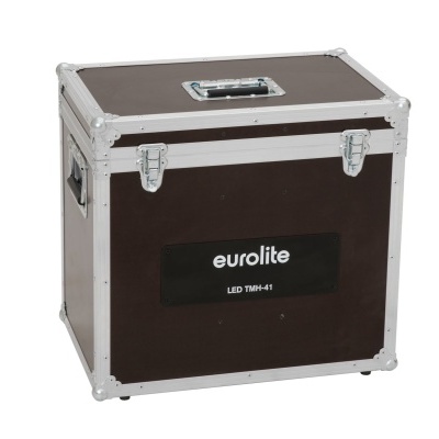 Caixa de transporte rígida castanha escura com bordas metálicas prateadas e etiqueta 'eurolite LED TMH-41'
