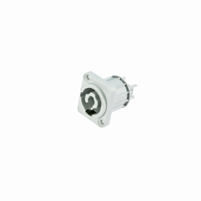 Conector elétrico branco com três orifícios circulares e base quadrada