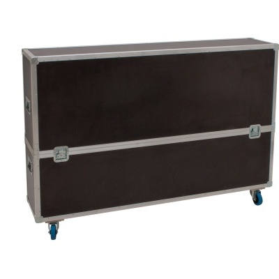 Estojo rígido castanho escuro com bordas metálicas prateadas e rodas azuis