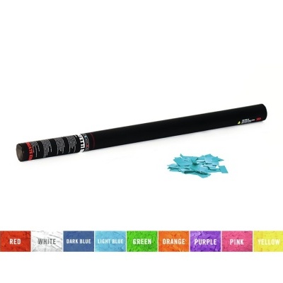 Tubo preto de confete com pedaços de confete azul claro ao lado