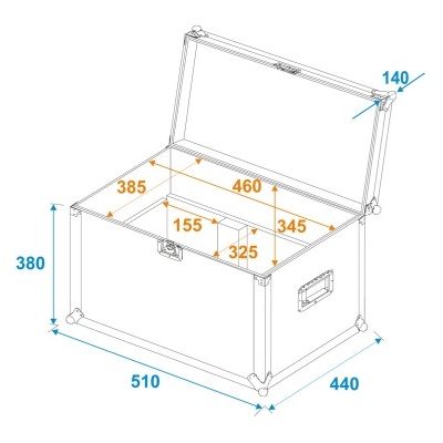 Desenho técnico de um baú branco de armazenamento com medidas em milímetros