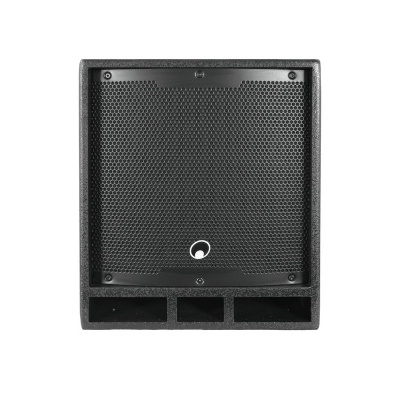 Coluna de som preta com grelha metálica perfurada