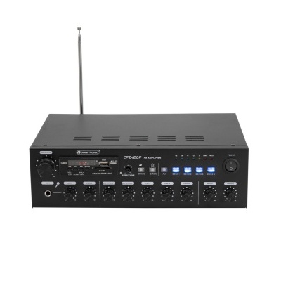 Amplificador de som Marconi GP230P preto com botões e antena
