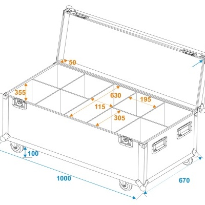 Desenho técnico de baú com dimensões e compartimentos internos