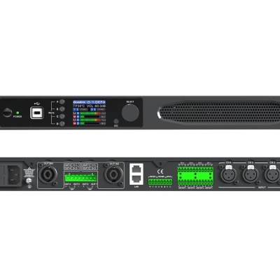 Frame retangular de equipamento eletrónico preto com ecrã e diversas portas num lado e ventoinha no outro