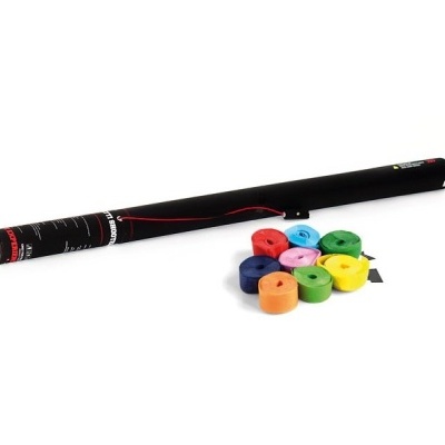 Tubo preto cilíndrico com vários rolos de fita adesiva colorida ao lado