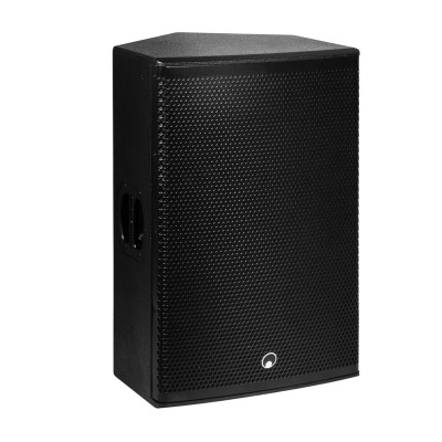 Coluna de som preta com grelha frontal metálica e pegas laterais