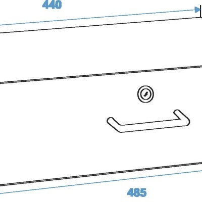 Gaveta metálica com medidas em milímetros e puxador frontal.