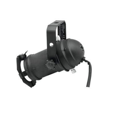 Projetor de iluminação teatral preto com suporte metálico e cabo elétrico