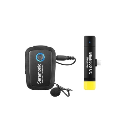 Microfone Saramonic Blink 500 TX/RX preto com detalhes azul e amarelo, clip e conector USB-C