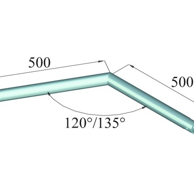 Barra metálica azul clara dobrada com medidas e ângulos