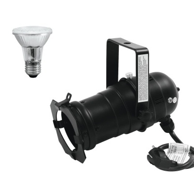 Luz de palco PAR preta com suporte e cabo, e lâmpada halógena separada.