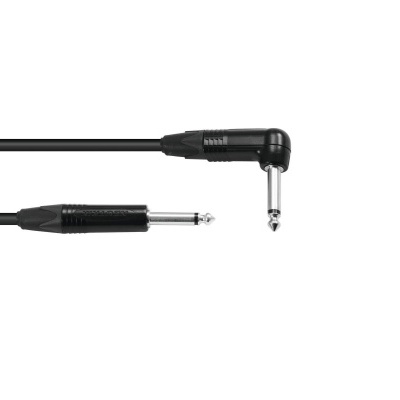 Cabo de áudio preto com conectores jack 6,35 mm, um reto e outro angular