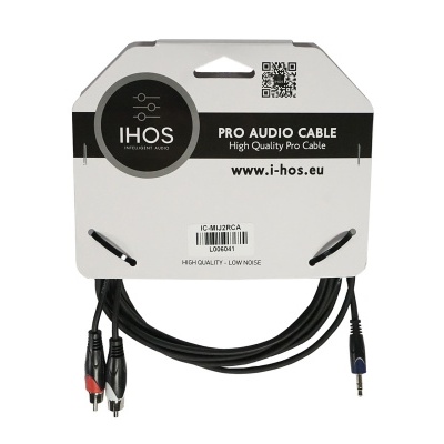 Cabo de áudio profissional IHOS com conetores RCA e jack 6,35 mm embalado em cartão branco