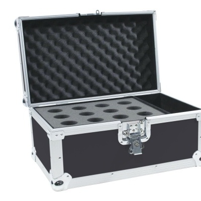 Mala de transporte preta com espuma e compartimentos circulares