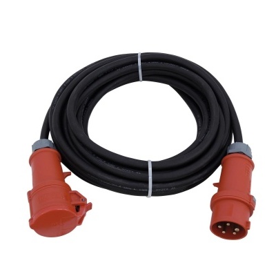 Cabo elétrico industrial preto com conectores vermelhos de 5 pinos