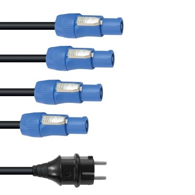 Cabos pretos com conectores azuis speakON e ficha de tomada preta