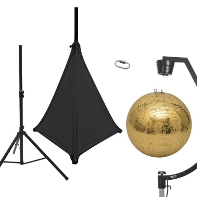 Conjunto de iluminação com tripé, softbox, mosquetão, esfera dourada e suporte curvo