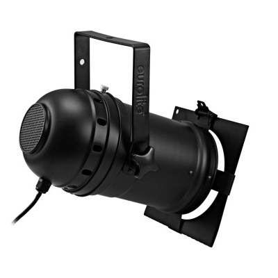 Projetor de luz preto em metal com suporte e cabo