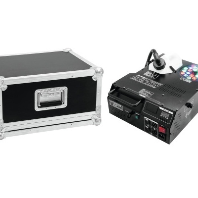 Máquina de efeitos de luz preta com caixa de transporte preta e cantos metálicos.