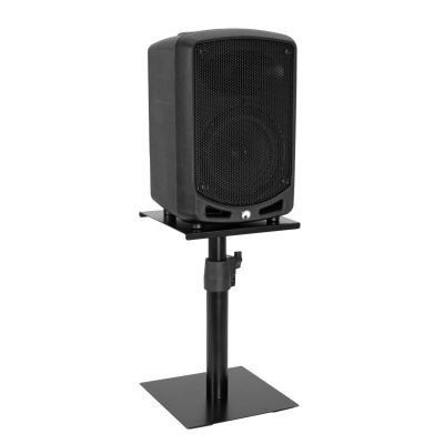 Coluna de som preta em suporte metálico preto com base quadrada