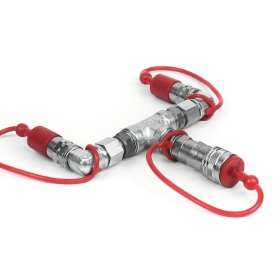 Conectores metálicos com tampas vermelhas ligados por cordões vermelhos