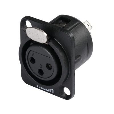 Conector XLR feminino preto com botão PUSH