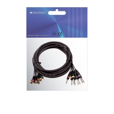Cabo áudio estéreo preto com conectores RCA e 3,5 mm numa embalagem blister azul