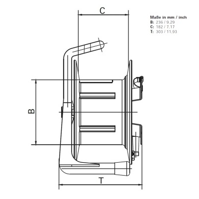 Desenho técnico de peça mecânica com dimensões em mm e polegadas