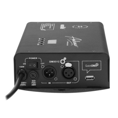 Dispositivo de controlo DMX512 preto com conexões e interruptor