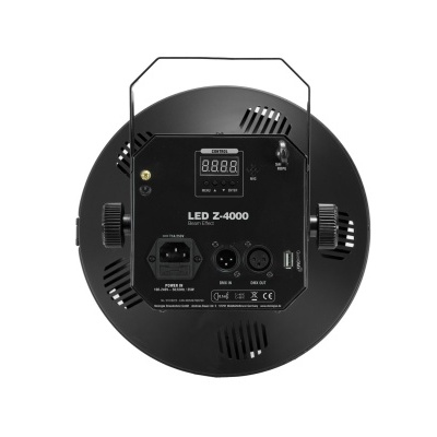 Luz LED redonda preta para espetáculos com painel de controlo digital e várias entradas