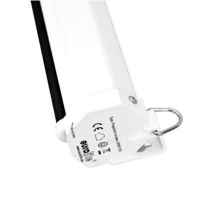 Luminária LED branca com suporte metálico e inscrições técnicas