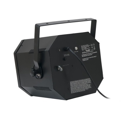 Luz de palco preta com suporte metálico e texto branco nas laterais