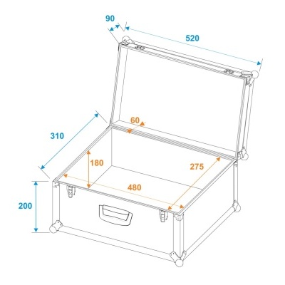 Diagrama técnico de caixa aberta com medidas