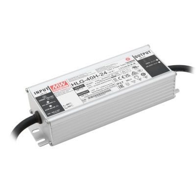 Transformador eletrónico MEAN WELL HLG-40H-24 com caixa metálica prateada e cabos pretos