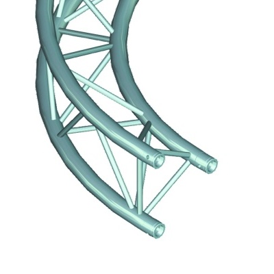 Estrutura metálica curva em verde-azulado com barras triangulares de suporte