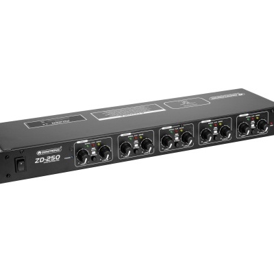 Interface de áudio profissional preta ZD-250 com controlos rotativos e indicadores LED