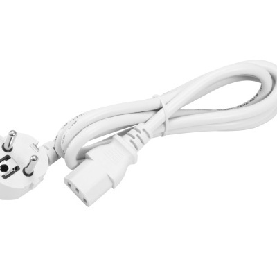 Cabo de alimentação branco com ficha elétrica de três pinos redondos e conector IEC.
