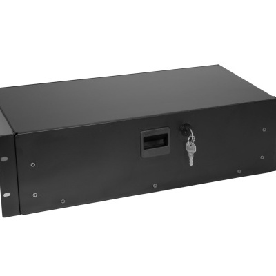 Gaveta metálica preta com chave e fecho para montagem em rack