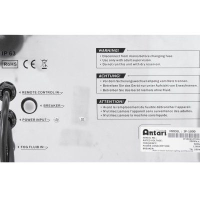 Placa de controlo do dispositivo Antari IP-1000 com botões e etiquetas de aviso