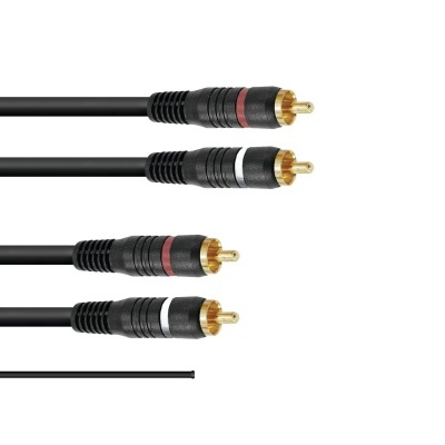 Cabo áudio com quatro conectores RCA preto, com detalhes vermelhos e brancos