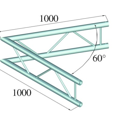 Estrutura metálica triangular prateada com dimensões e ângulo
