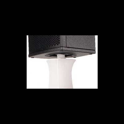 Coluna de som preta com base branca curvada num fundo branco