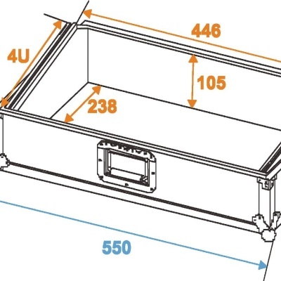 Desenho técnico de mala retangular com dimensões e marcações em azul e laranja