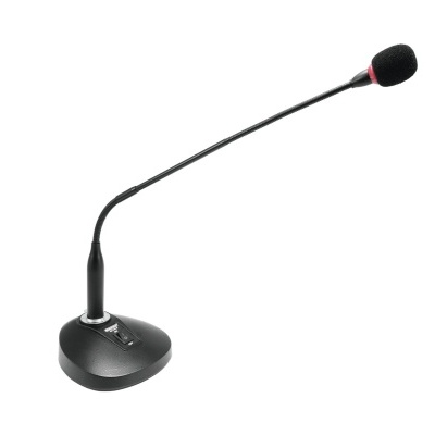 Microfone de mesa preto com haste flexível e base triangular