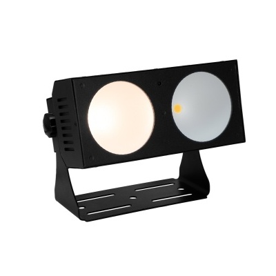 Projetor de luz LED preto com duas lentes circulares e suporte ajustável