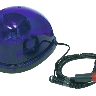 Luz de aviso azul tipo cilindro com base preta e cabo enrolado