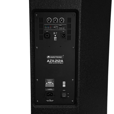 Coluna de som preta Omnitronic AZX-212A com conectores e botões no painel traseiro