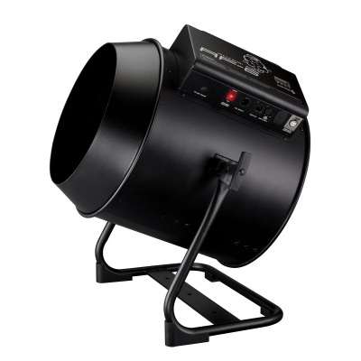 Ventilador industrial preto com unidade de controle e base em U