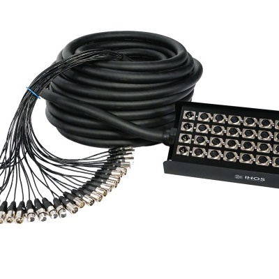 Patch panel preto com vários conectores e cabo espiralado preto com conectores BNC